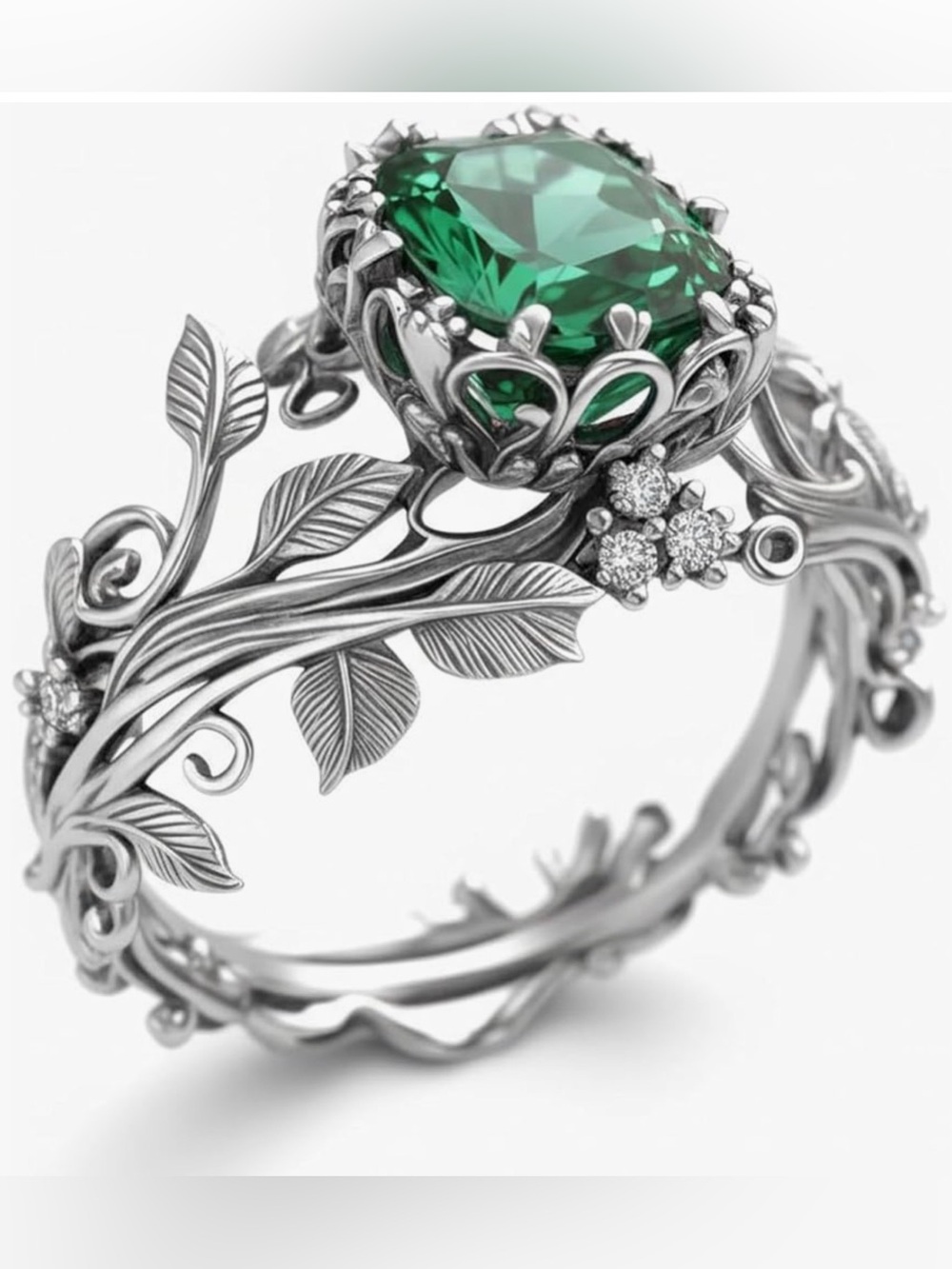 Vintage Leaf Vine Green Crystal Ring 7